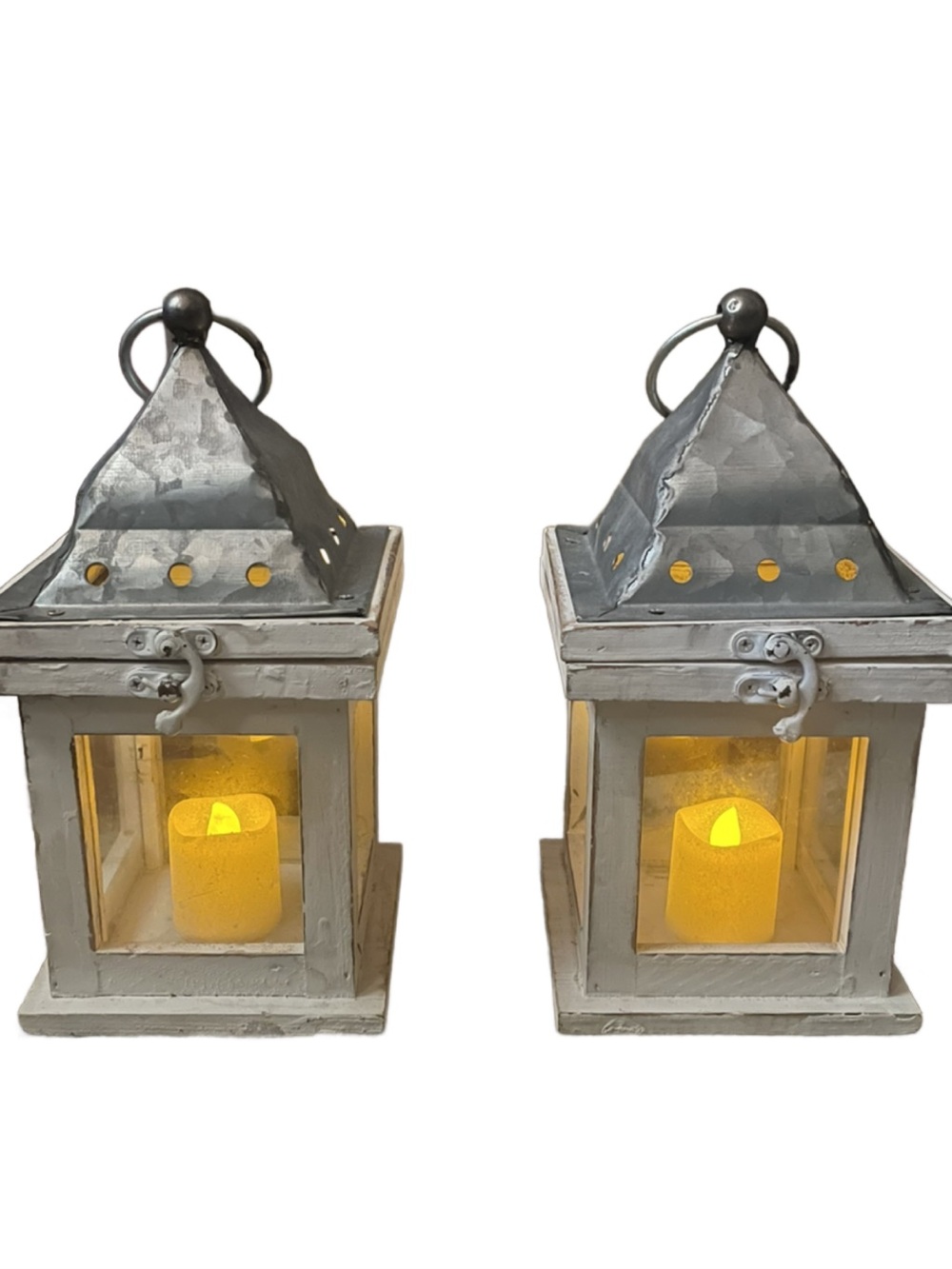 Rustic White Metal Lantern Pair with Glittery LED Candles